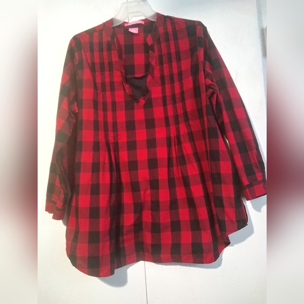 Woman Within 1x pintucked plaid blouse